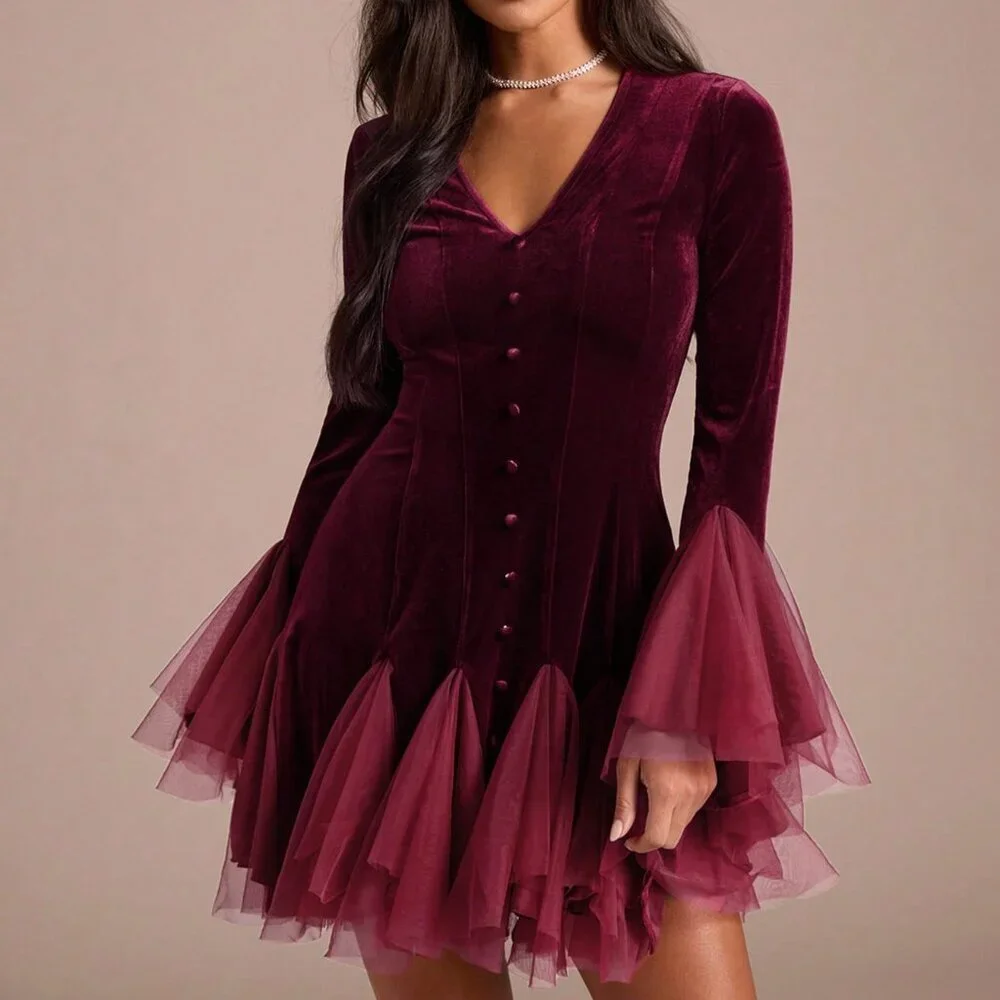 Burgundy Elegant Women's V-Neck Mini Dress - Picture 7 of 7